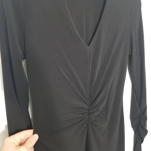 Joeffer Caoc Stunning Classic Black Gathered Midi Dress V-Neck Size Small - Picture 4 of 10